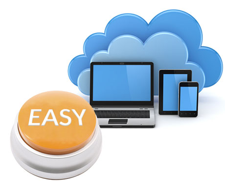 Easy button and computer and phone in the clouds