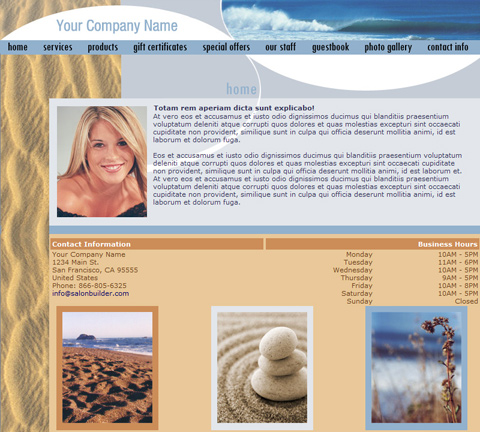 A Touch of Nature Beach Website Design Template for Hair Salons, Spas, Wellness Centers, Hairstylists and Estheticians - SalonBuilder A Touch of Nature Beach Website Design Template for Hair Salons, Spas, Wellness Centers, Hairstylists and Estheticians - SalonBuilder